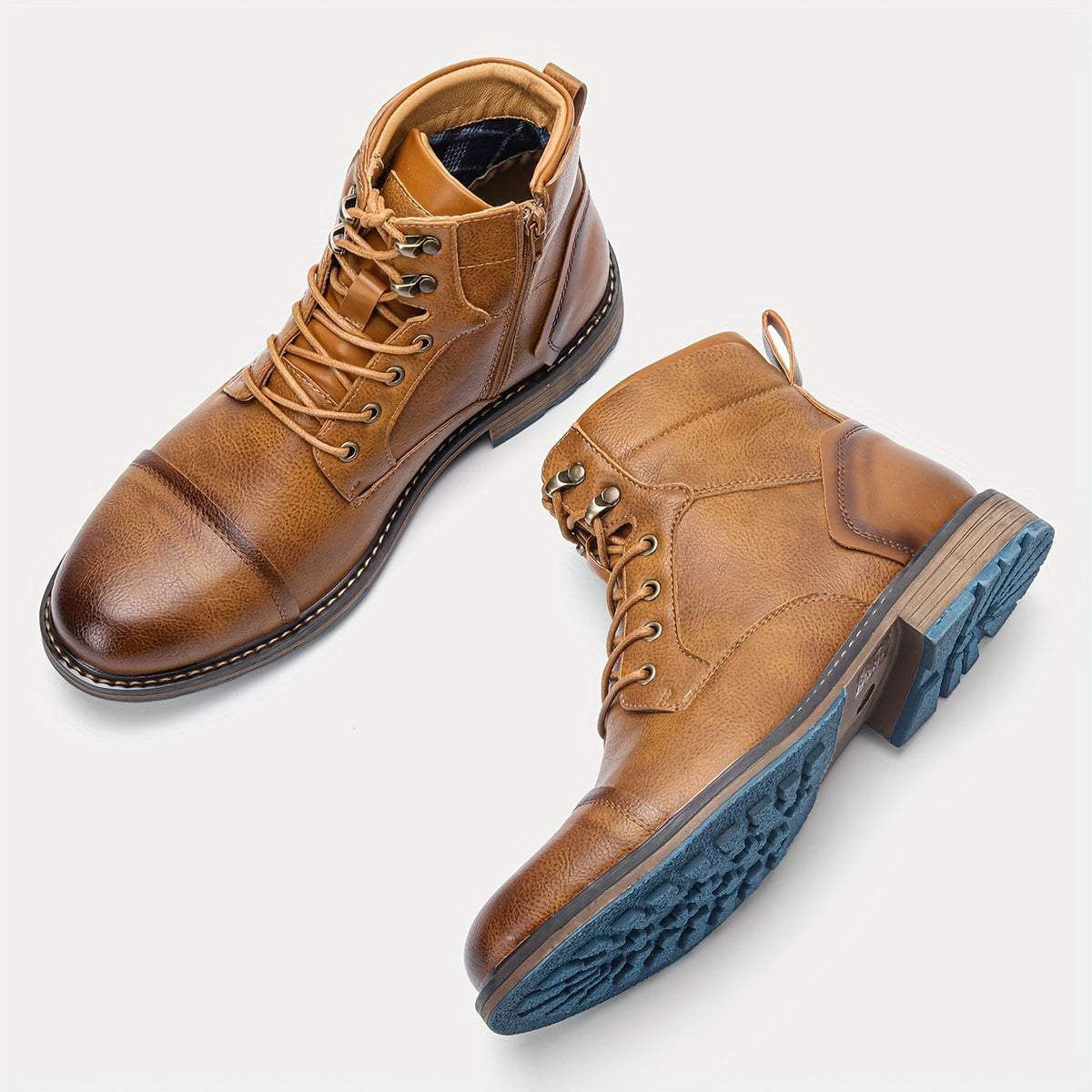 Men's Cap-Toe Ankle Boots – Lace-Up Dress Boots with Inner Zip