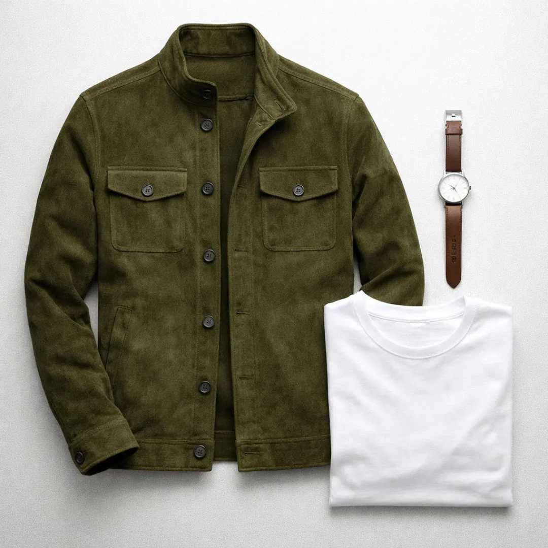 Men's Suede Jacket – Classic Military Style Jacket with Chest Pockets