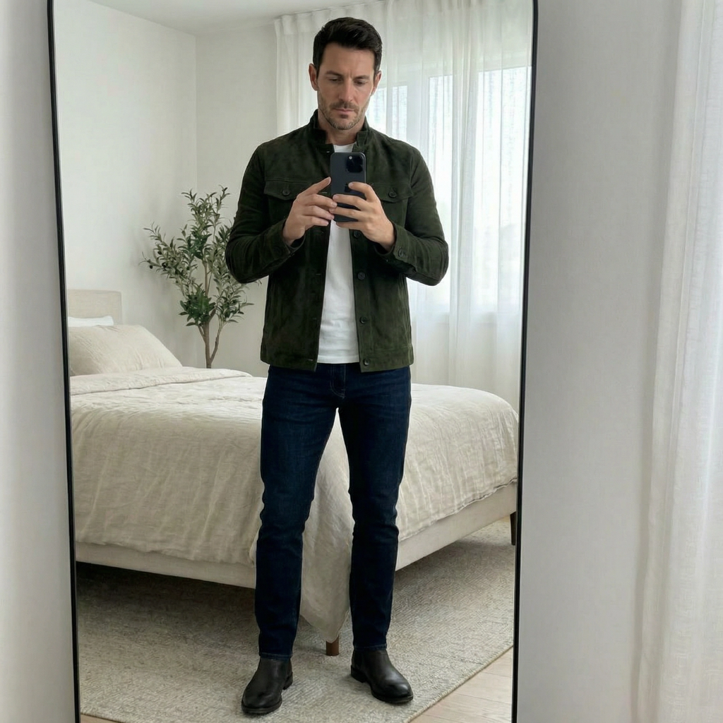 Men's Suede Jacket – Classic Military Style Jacket with Chest Pockets