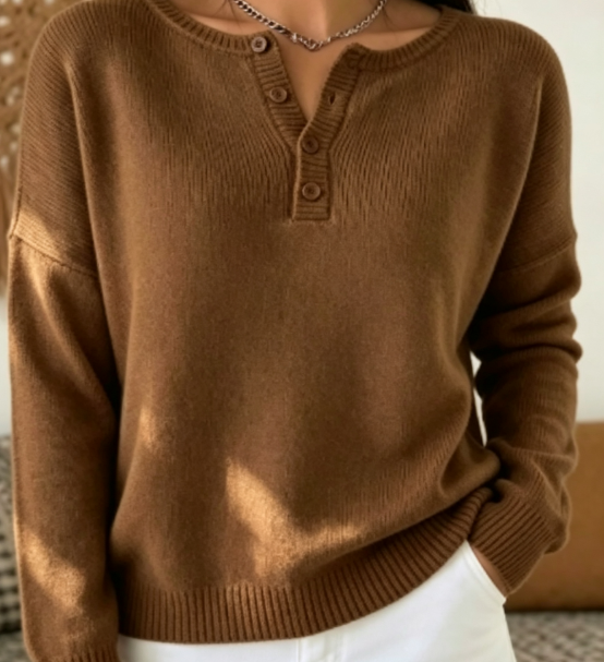 Women's Ribbed Henley Sweater with Button Neckline – Relaxed Fit Knit Pullover