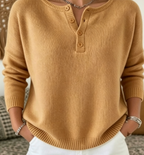Women's Ribbed Henley Sweater with Button Neckline – Relaxed Fit Knit Pullover