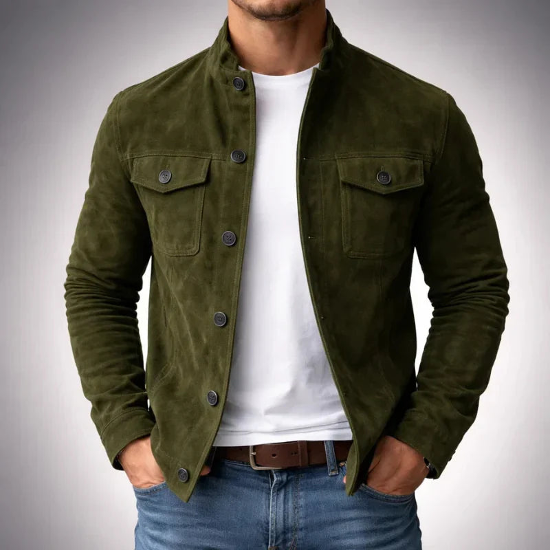 Men's Suede Jacket – Classic Military Style Jacket with Chest Pockets