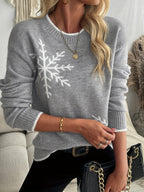 Women's Snowflake Print Crew Neck Sweater – Soft Relaxed Winter Knit Jumper