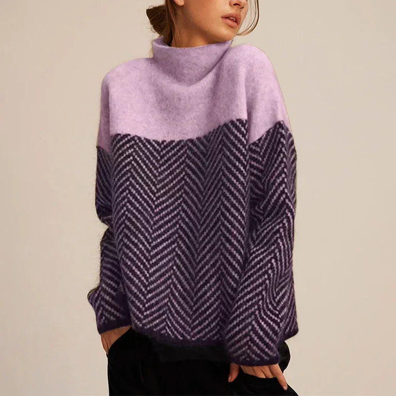 Women's Chevron Turtleneck Sweater – Oversized Colorblock Knit Pullover
