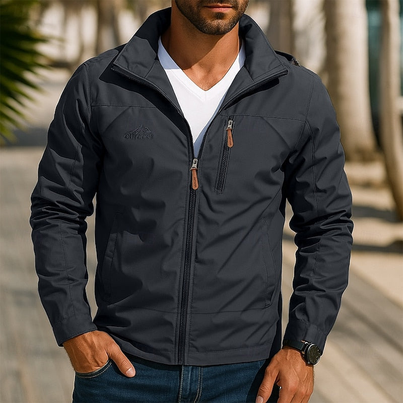 Men's All-Weather Outdoor Jacket – Windproof Stand Collar Jacket with Zip Pockets