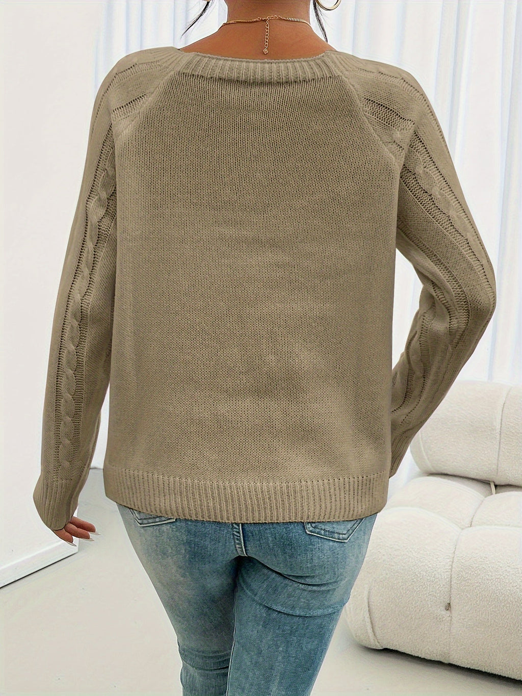 Women's Cable Knit Sweater with Button Detail – Classic Braided Knit Pullover