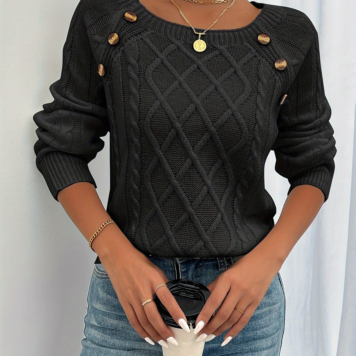 Women's Cable Knit Sweater with Button Detail – Classic Braided Knit Pullover