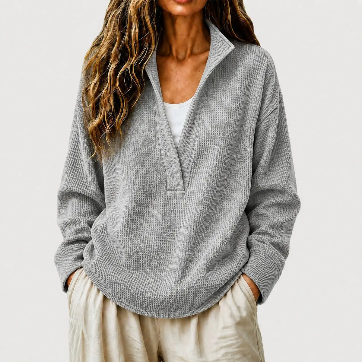 Women's Waffle Knit Pullover Sweater – Split Collar Relaxed Fit Top