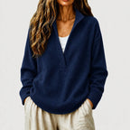 Women's Waffle Knit Pullover Sweater – Split Collar Relaxed Fit Top