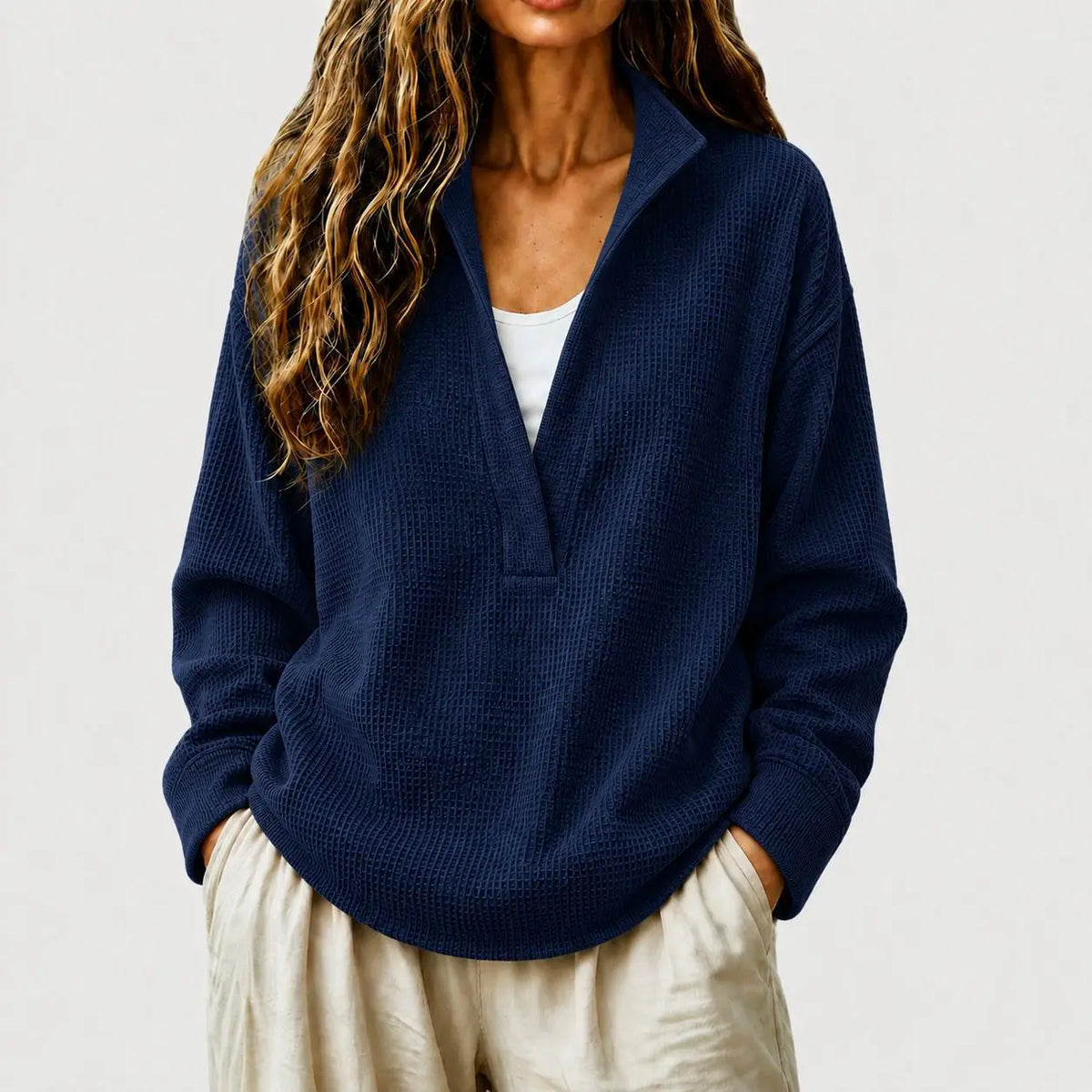 Women's Waffle Knit Pullover Sweater – Split Collar Relaxed Fit Top