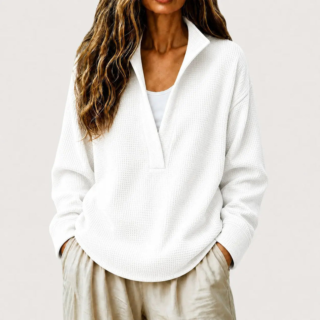 Women's Waffle Knit Pullover Sweater – Split Collar Relaxed Fit Top