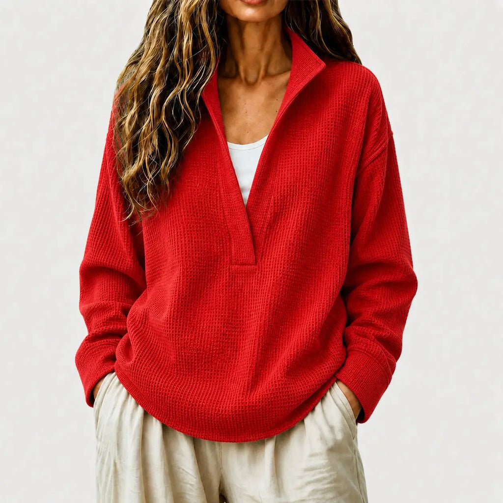 Women's Waffle Knit Pullover Sweater – Split Collar Relaxed Fit Top