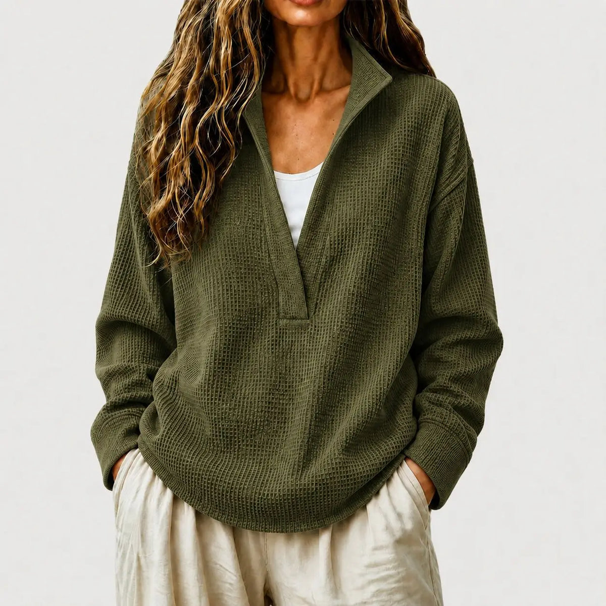 Women's Waffle Knit Pullover Sweater – Split Collar Relaxed Fit Top