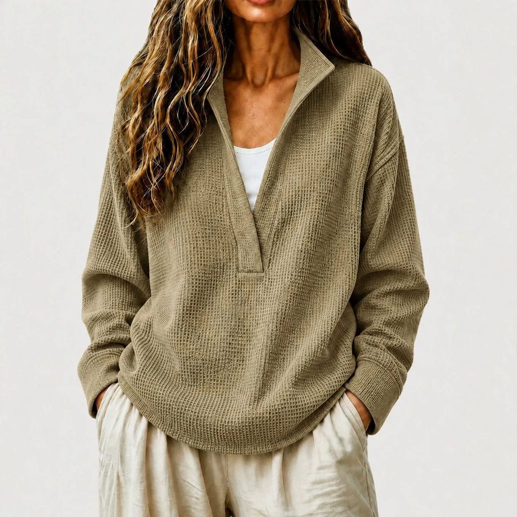 Women's Waffle Knit Pullover Sweater – Split Collar Relaxed Fit Top