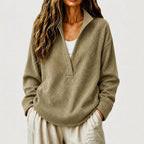 Women's Waffle Knit Pullover Sweater – Split Collar Relaxed Fit Top