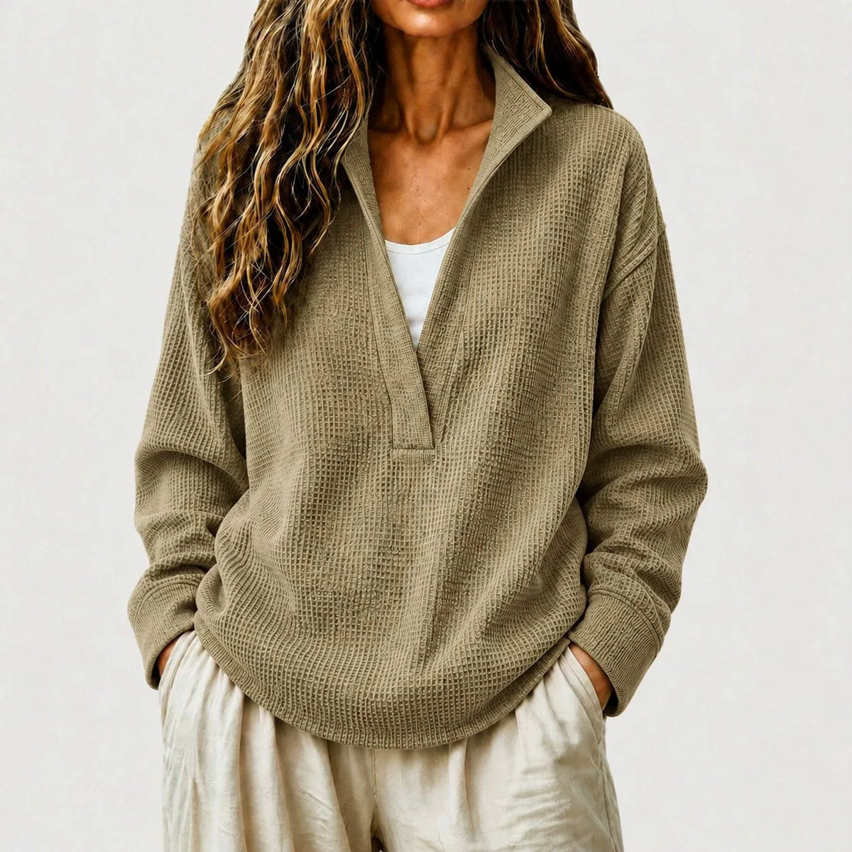 Women's Waffle Knit Pullover Sweater – Split Collar Relaxed Fit Top