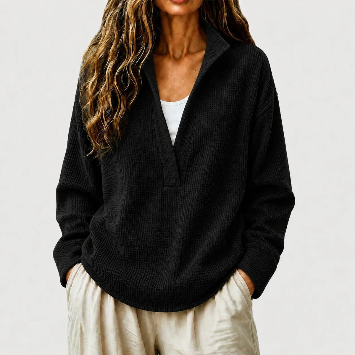 Women's Waffle Knit Pullover Sweater – Split Collar Relaxed Fit Top