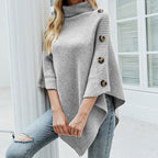Women's Turtleneck Poncho Sweater with Button Shoulder – Asymmetric Hem Knit Cape