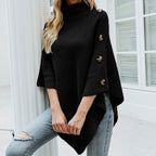 Women's Turtleneck Poncho Sweater with Button Shoulder – Asymmetric Hem Knit Cape