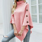 Women's Turtleneck Poncho Sweater with Button Shoulder – Asymmetric Hem Knit Cape