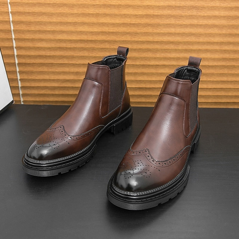 Men's Wingtip Chelsea Boots – Brogue Dress Boots with Elastic Sides