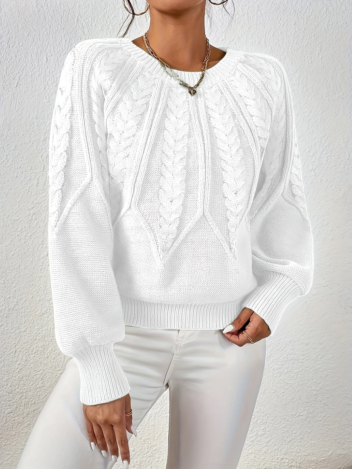 Women's Cable Knit Cropped Sweater – Round Neck Balloon Sleeve Pullover