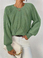 Women's Cable Knit Cropped Sweater – Round Neck Balloon Sleeve Pullover