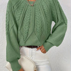 Women's Cable Knit Cropped Sweater – Round Neck Balloon Sleeve Pullover