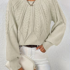 Women's Cable Knit Cropped Sweater – Round Neck Balloon Sleeve Pullover