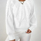 Women's Cable Knit Cropped Sweater – Round Neck Balloon Sleeve Pullover