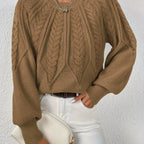 Women's Cable Knit Cropped Sweater – Round Neck Balloon Sleeve Pullover