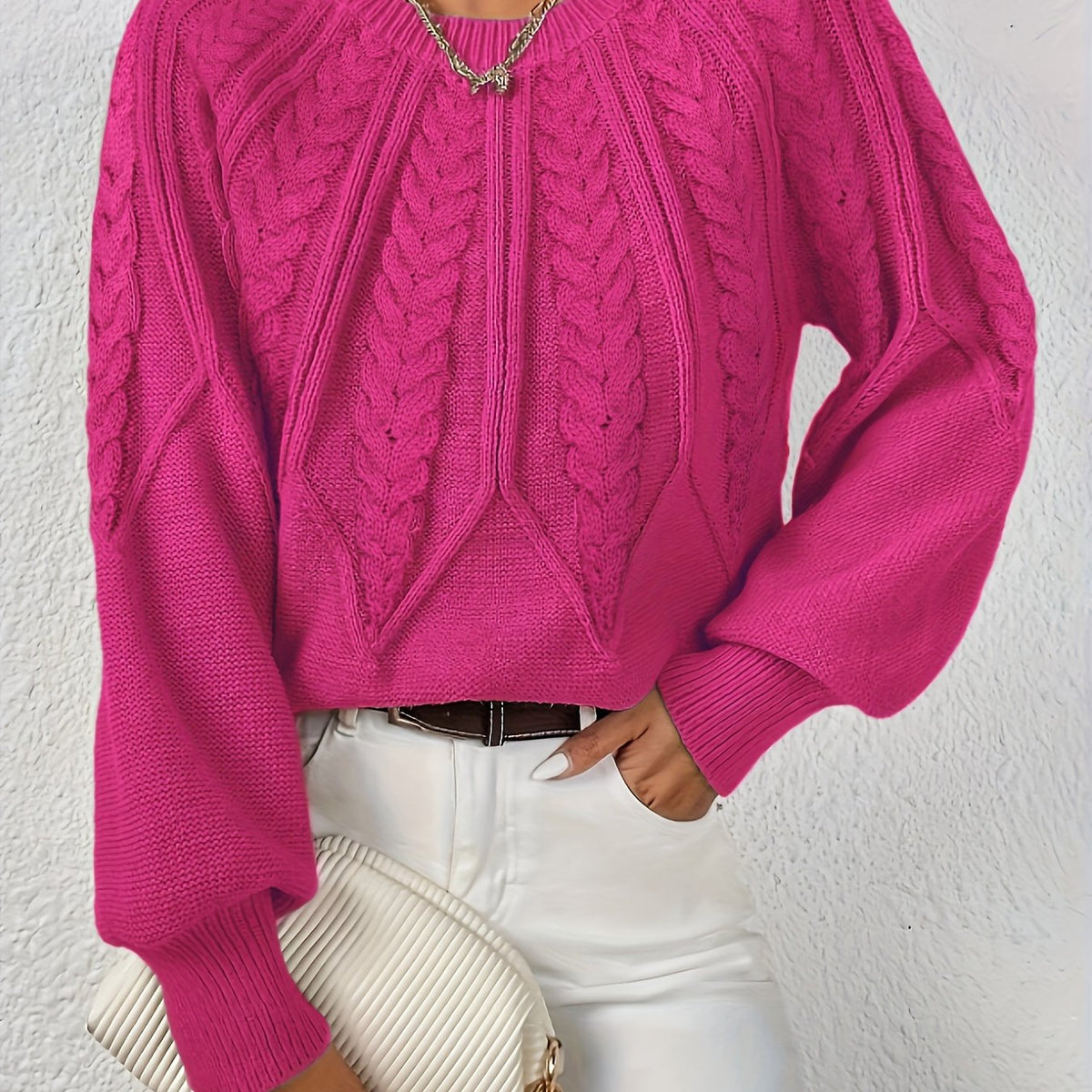 Women's Cable Knit Cropped Sweater – Round Neck Balloon Sleeve Pullover