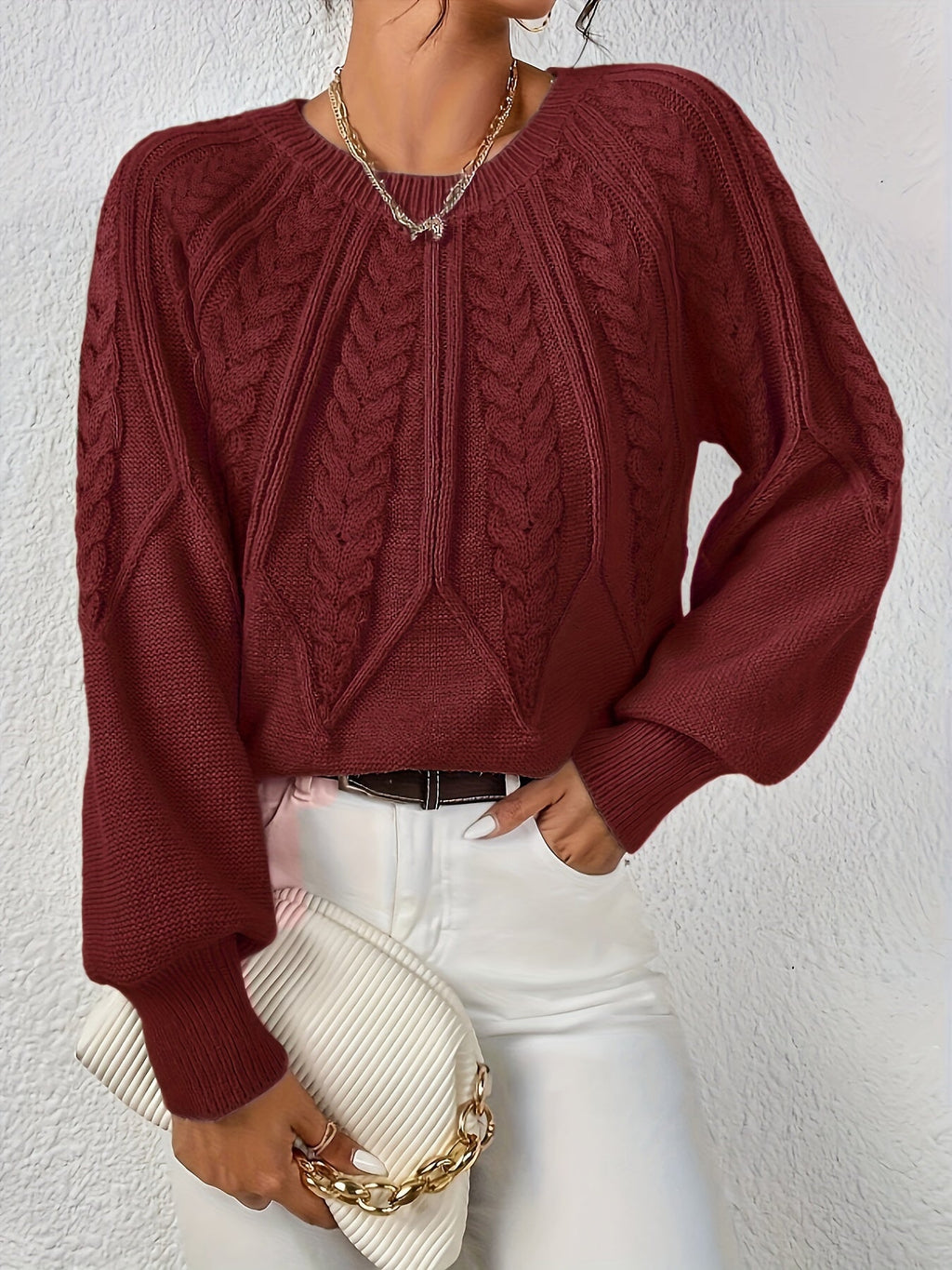 Women's Cable Knit Cropped Sweater – Round Neck Balloon Sleeve Pullover