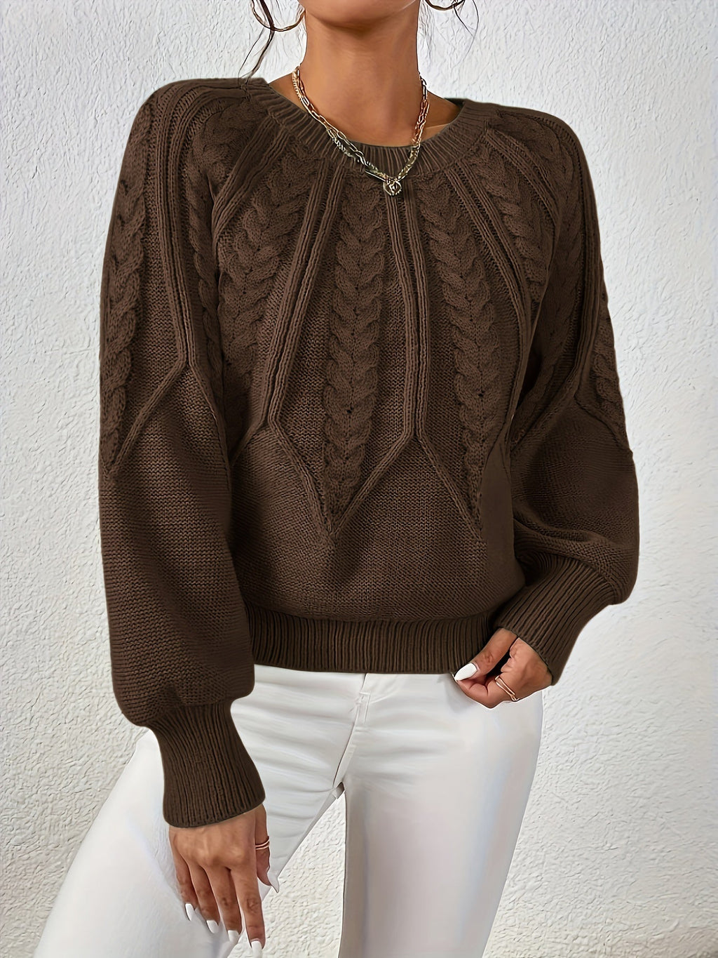 Women's Cable Knit Cropped Sweater – Round Neck Balloon Sleeve Pullover