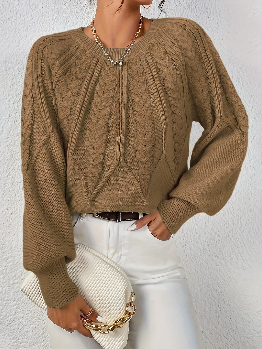 Women's Cable Knit Cropped Sweater – Round Neck Balloon Sleeve Pullover