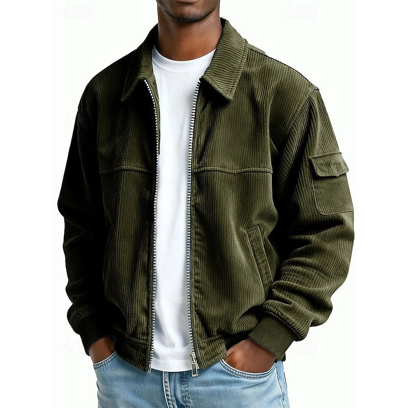 Men's Ribbed Textured Jacket – Classic Collared Casual Jacket with Pockets