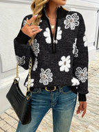 Women's Floral Half-Zip Knit Sweater – Relaxed Drop Shoulder Pullover