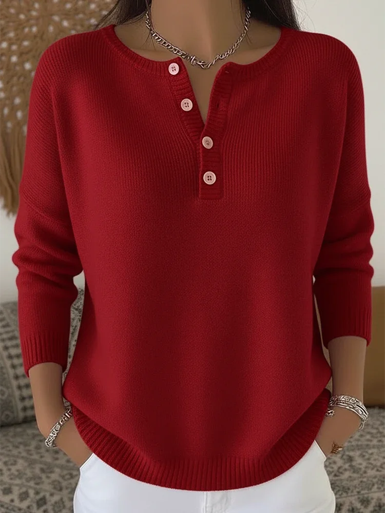 Women's Ribbed Henley Sweater with Button Neckline – Relaxed Fit Knit Pullover