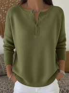Women's Ribbed Henley Sweater with Button Neckline – Relaxed Fit Knit Pullover