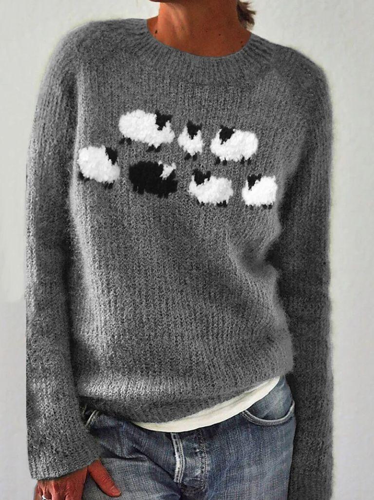 Women's Sheep Print Crew Neck Sweater – Cozy Long Sleeve Knit Jumper