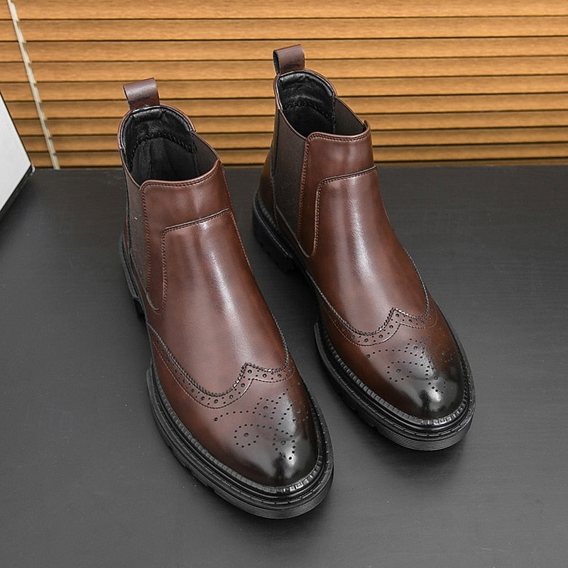 Men's Wingtip Chelsea Boots – Brogue Dress Boots with Elastic Sides