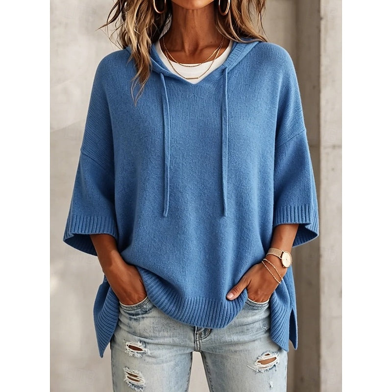 Women's Oversized Hooded Poncho Sweater – 3/4 Sleeve Drawstring Knit Cape