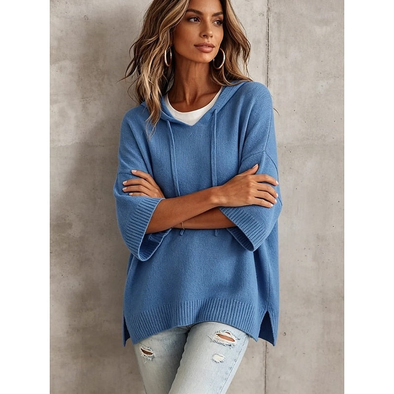 Women's Oversized Hooded Poncho Sweater – 3/4 Sleeve Drawstring Knit Cape