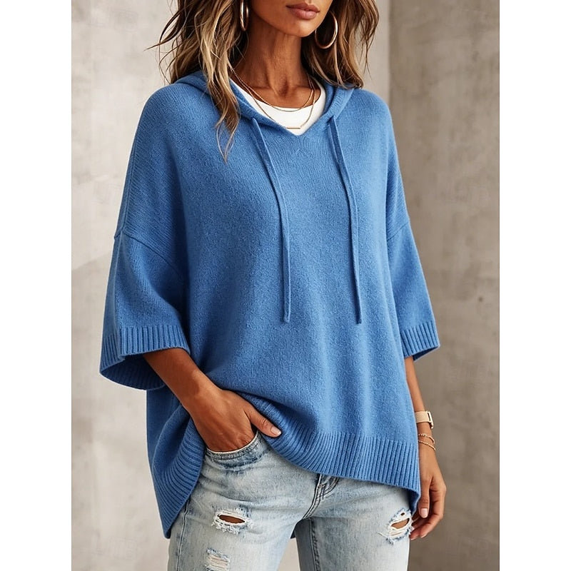 Women's Oversized Hooded Poncho Sweater – 3/4 Sleeve Drawstring Knit Cape