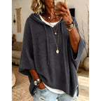 Women's Oversized Hooded Poncho Sweater – 3/4 Sleeve Drawstring Knit Cape