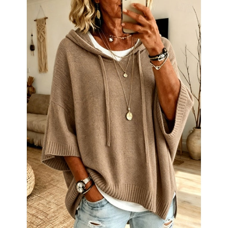 Women's Oversized Hooded Poncho Sweater – 3/4 Sleeve Drawstring Knit Cape