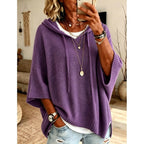Women's Oversized Hooded Poncho Sweater – 3/4 Sleeve Drawstring Knit Cape