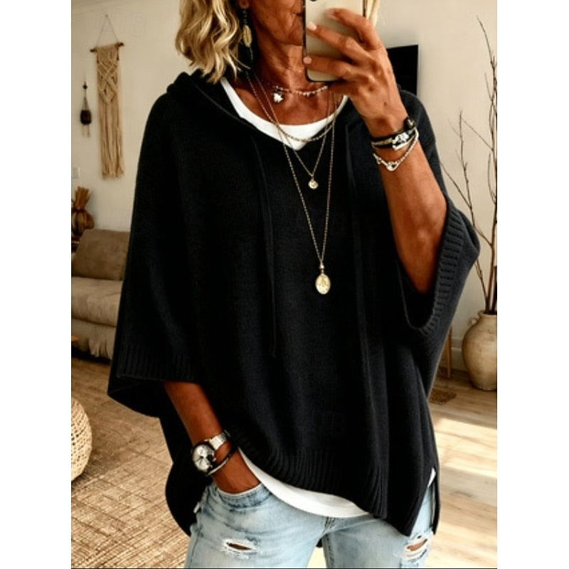 Women's Oversized Hooded Poncho Sweater – 3/4 Sleeve Drawstring Knit Cape