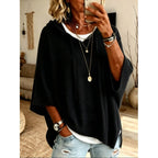 Women's Oversized Hooded Poncho Sweater – 3/4 Sleeve Drawstring Knit Cape