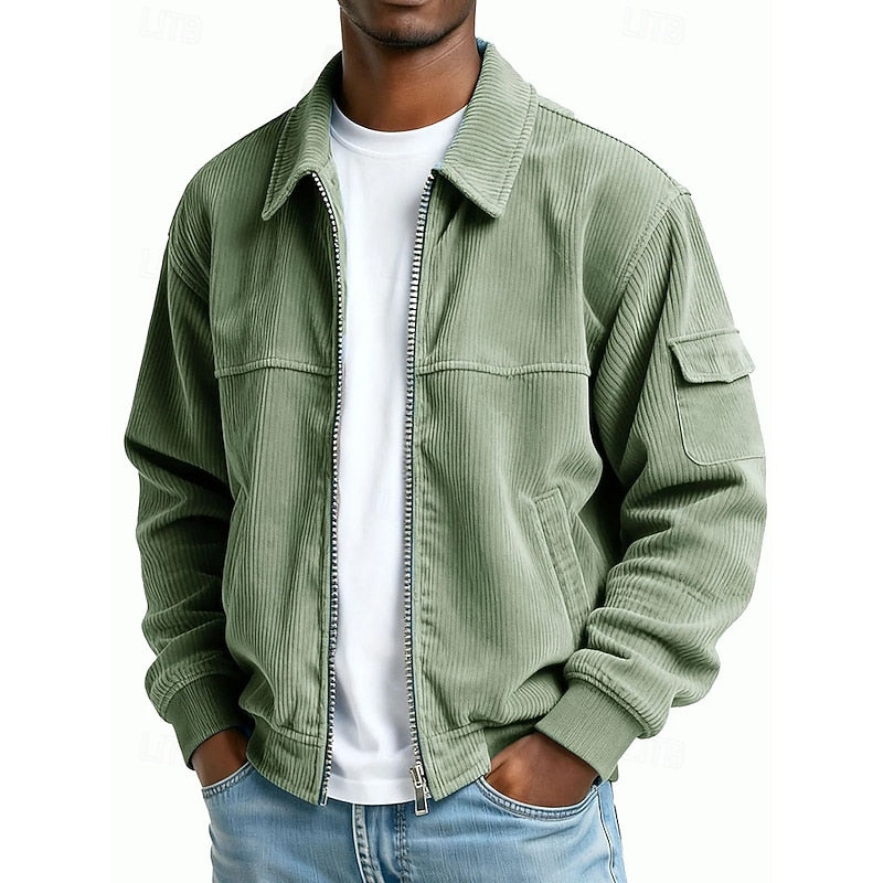 Men's Ribbed Textured Jacket – Classic Collared Casual Jacket with Pockets